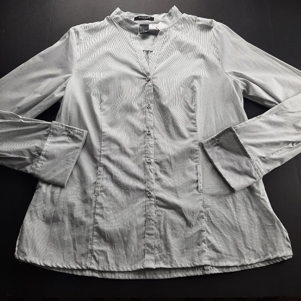 Autograph Women's Button Front Shirt Size Large White Black Pinstripe Blouse